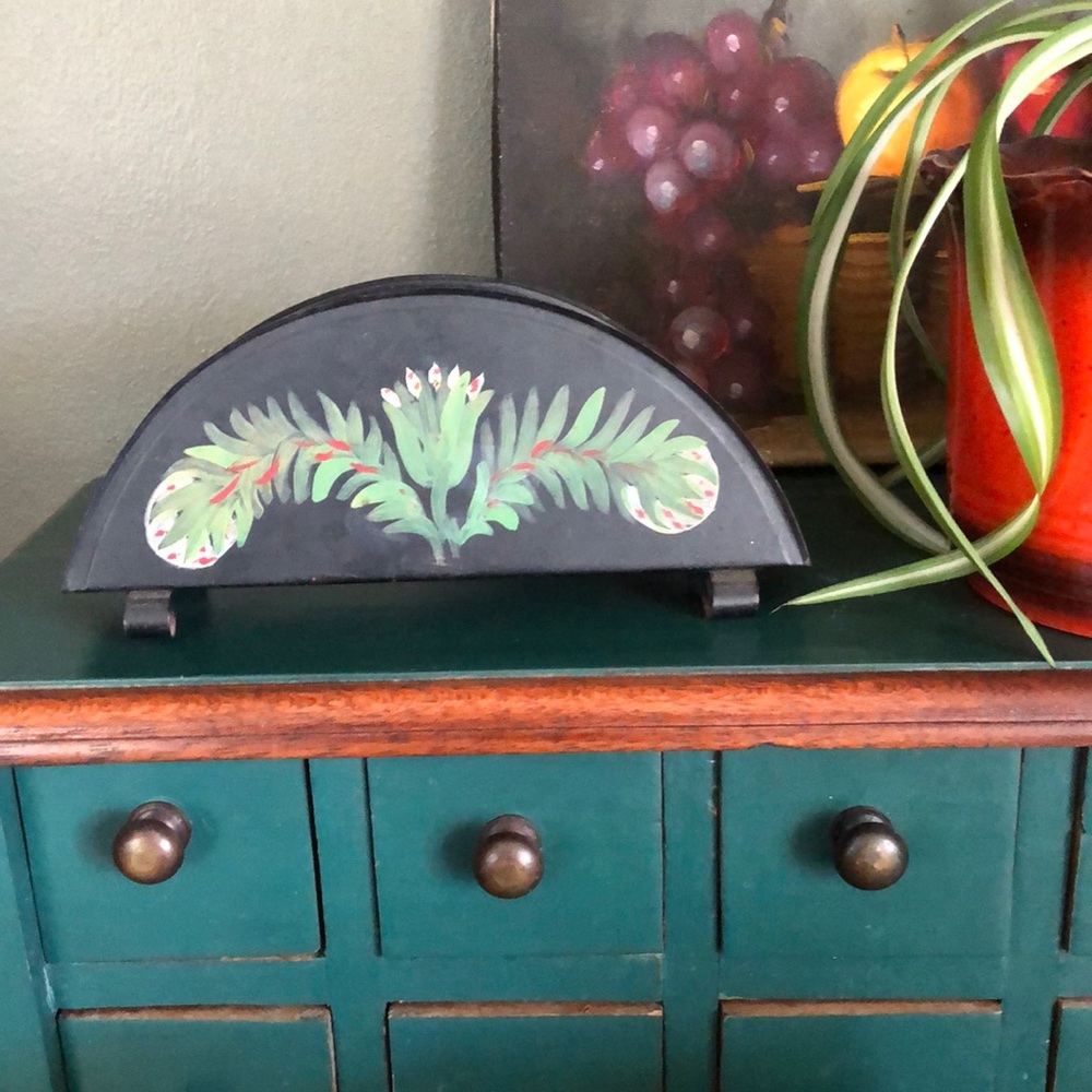 Vintage Tole Painted Black Metal Letter Tray Folk Art